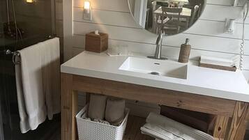 Hair dryer, towels, soap, shampoo