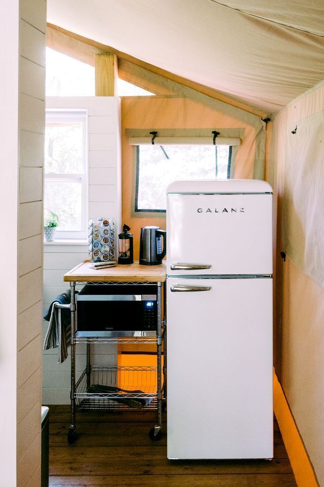 Fridge, coffee/tea maker, cookware/dishes/utensils