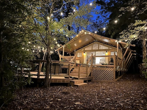 North Carolina Escape in this Fully-Equipped Safari Tent with Lake Access, Hot-Tub and Fire Pit