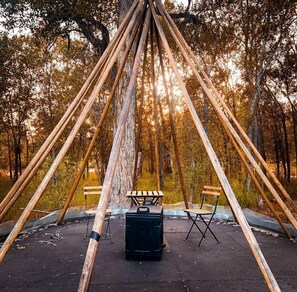 Une structure en bois avec un banc et un barbecue portable, située dans une forêt.