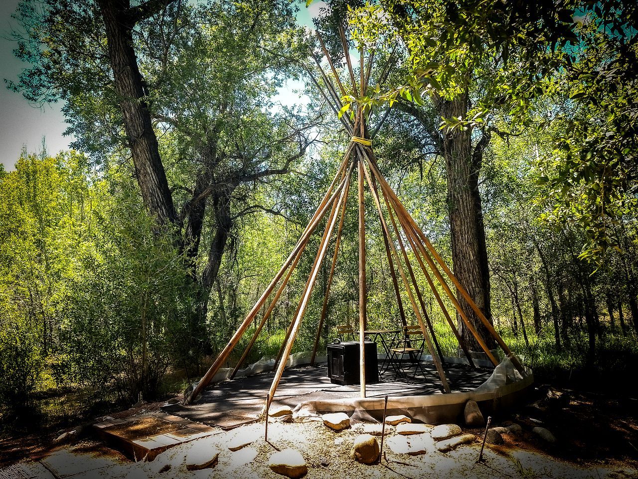 Une forêt dont le centre est constitué d’une structure faite de poteaux en bois, le tout étant entouré d’arbres.