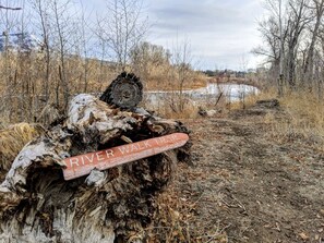 A river walk trail sign on a tree.
