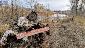 Wandelpadbord langs een rivier op een boom.