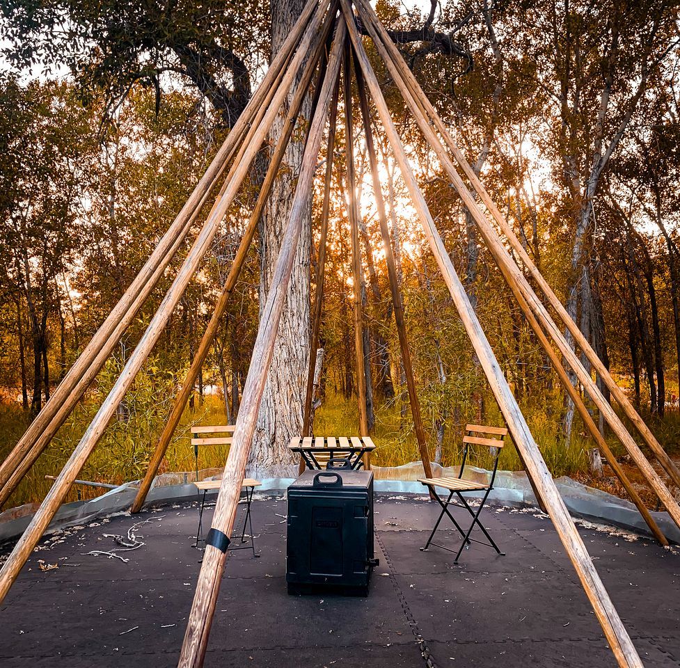 A wooden structure with a bench and a portable grill in a forest.