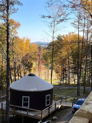 A yurt with a wooden deck and a single window, surrounded by trees with autumn foliage.