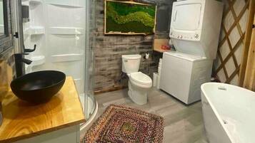 Jetted bath, hair dryer, towels, soap