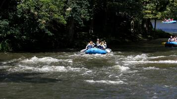 A group of people rafting on a river surrounded by dense foliage.