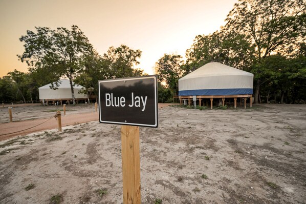 A sign labeled 'Blue Jay' in a campsite with tents and trees.