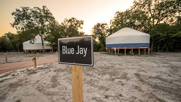 A sign labeled 'Blue Jay' in a campsite with tents and trees.