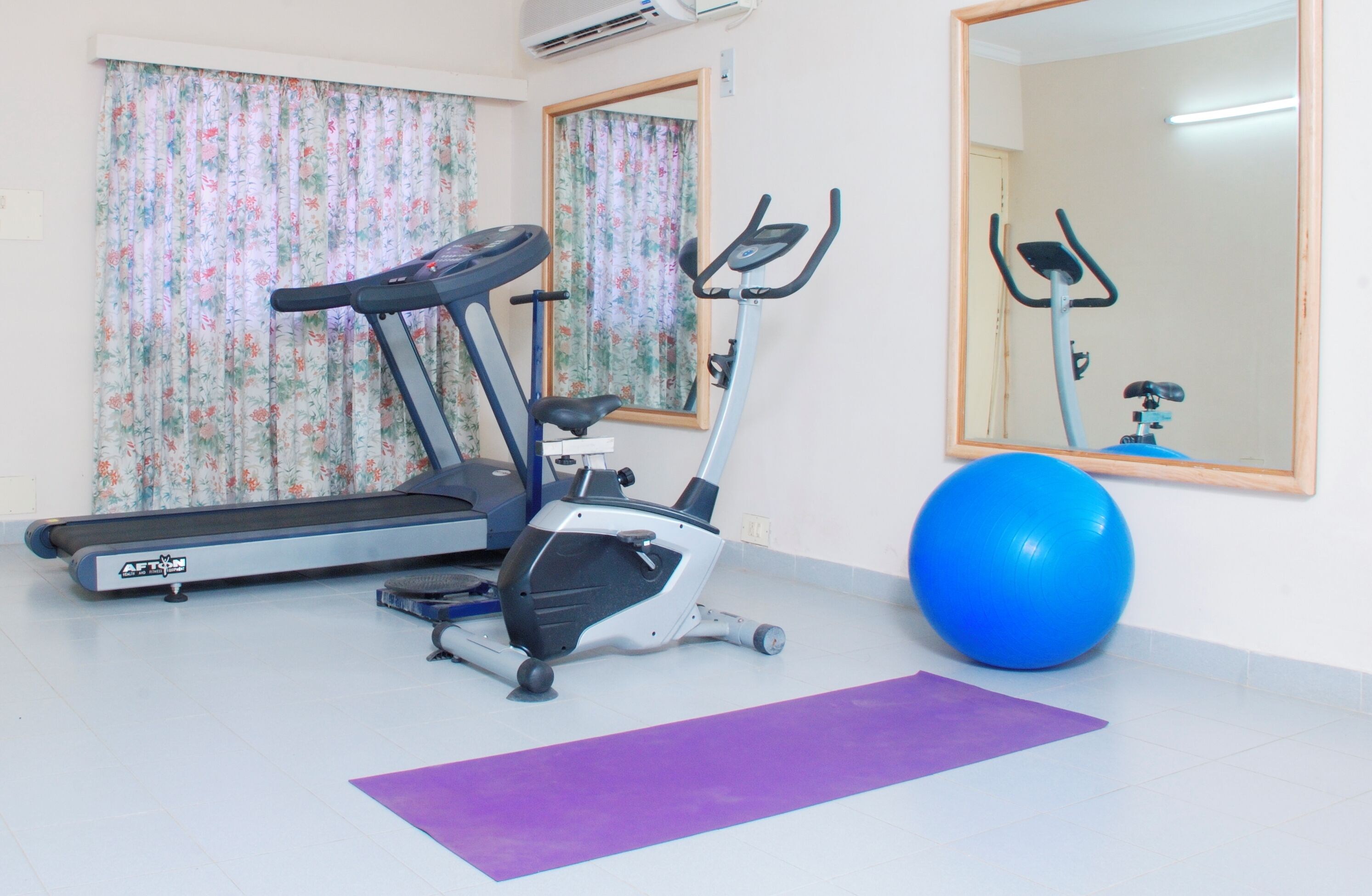 Une salle de sport équipée d’un tapis de course, d’un vélo elliptique et d’un ballon d’exercice bleu.