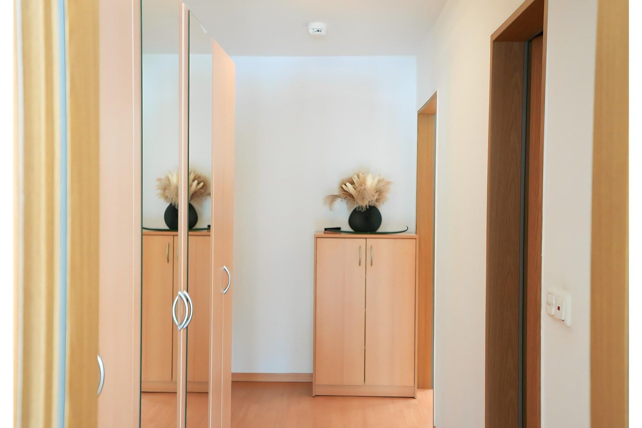 A hallway with a mirrored wardrobe, a wooden cabinet with a vase, and a door leading to another room.