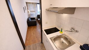 Eine kleine Küche mit Spüle, Herd und einer Arbeitsplatte.