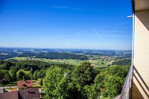 A panoramic view of a valley with scattered houses and a clear blue sky. - Studio Rainer mit Pool und Sauna (Freyung)