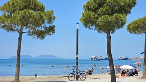 Une plage bordée d’arbres, un vélo et un navire en arrière-plan.