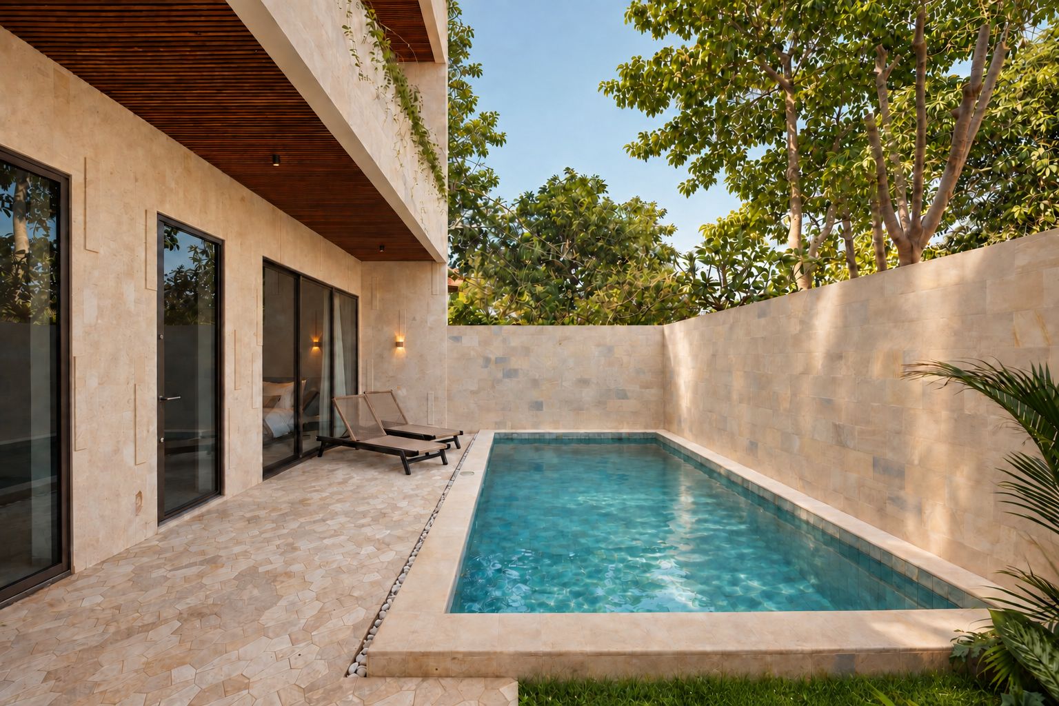 A modern outdoor pool area with a stone floor, two lounge chairs, and a clear blue pool.