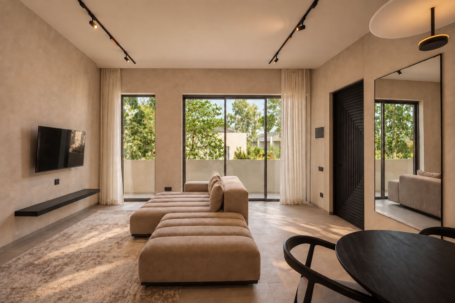 Una sala de estar moderna con un sofá modular, un televisor de pantalla plana y una zona de comedor con mesa y sillas.