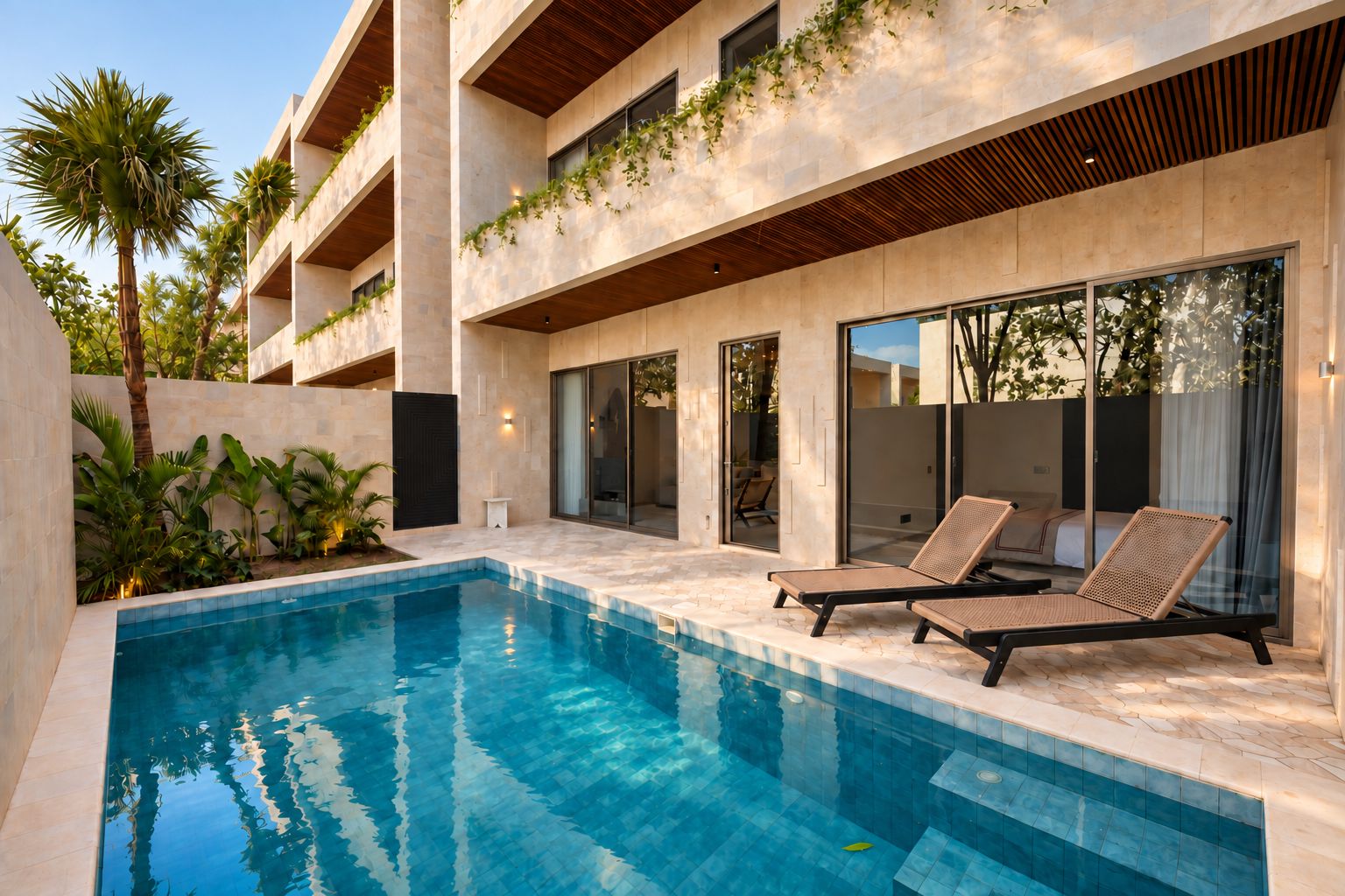 A modern pool area with two lounge chairs, a clear pool, and a building with balconies.