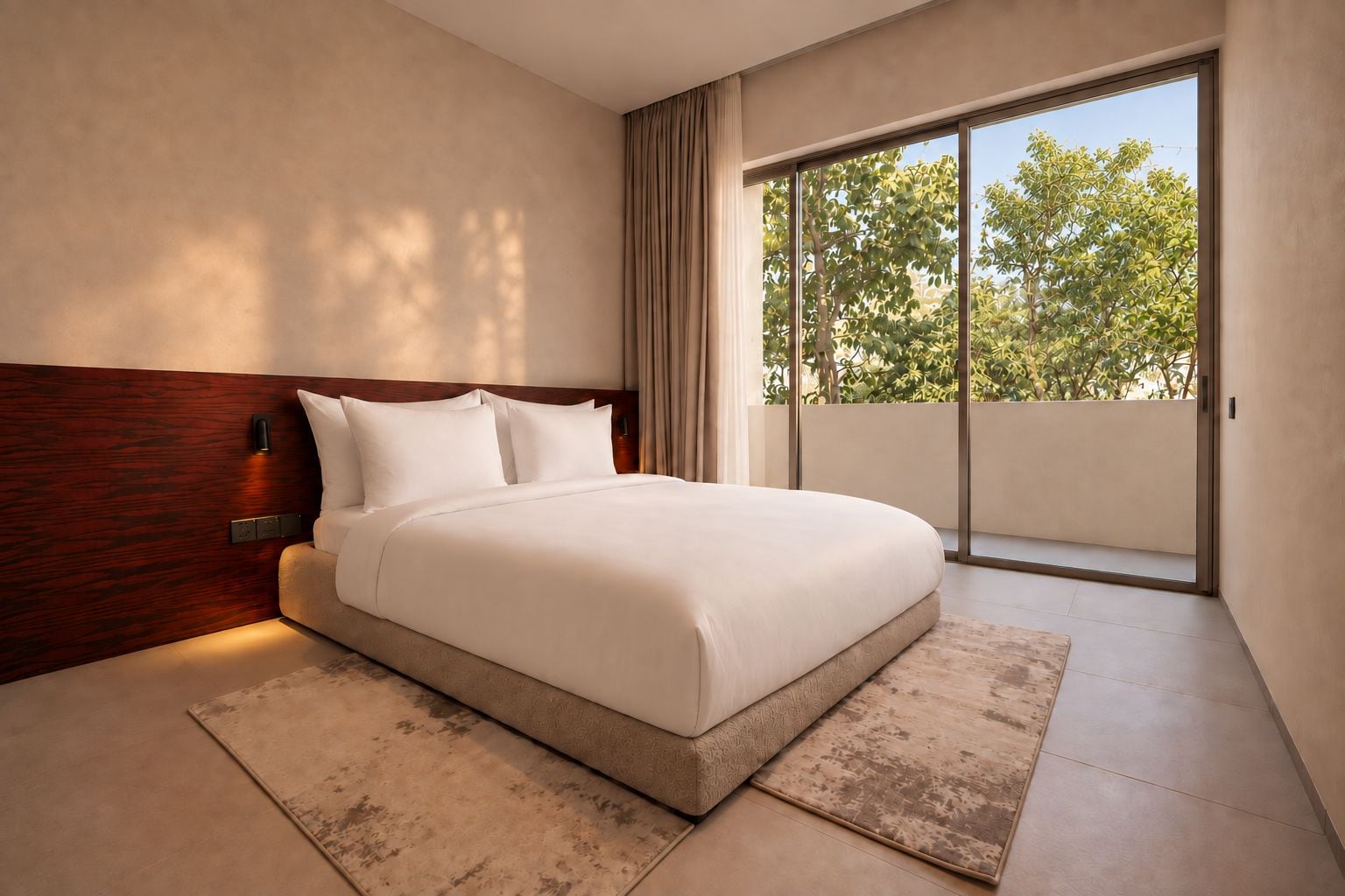 A modern bedroom with a large bed, a wooden headboard, a nightstand, and a view of greenery through a sliding door.