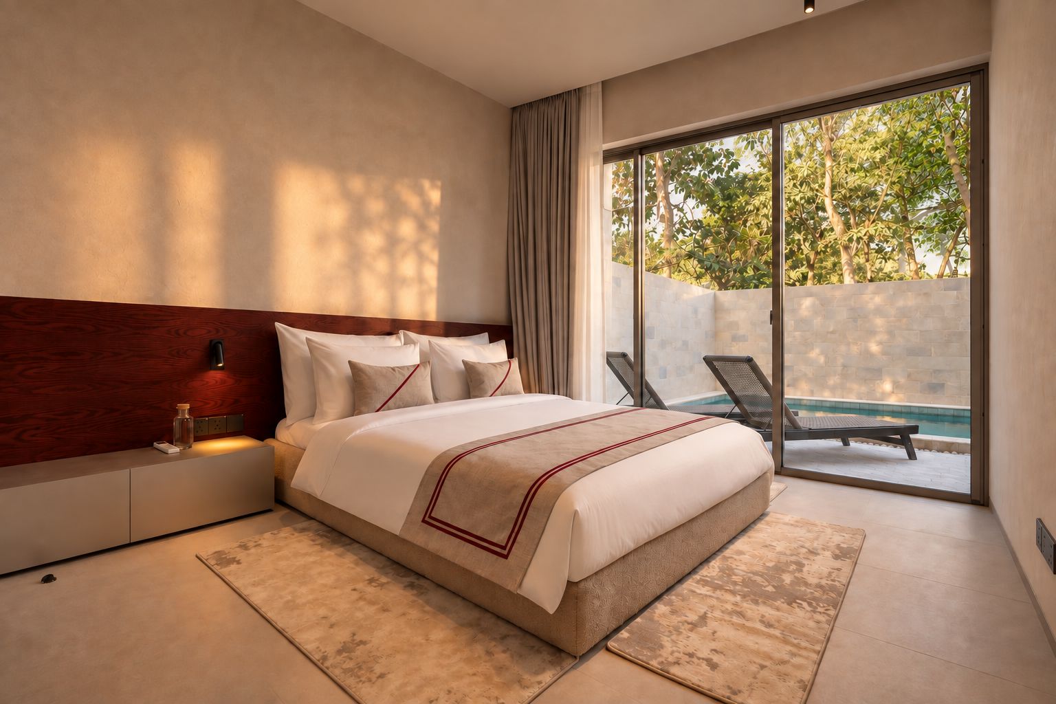 A modern bedroom with a large bed, a nightstand, a wall-mounted light, and a view of an outdoor pool area.