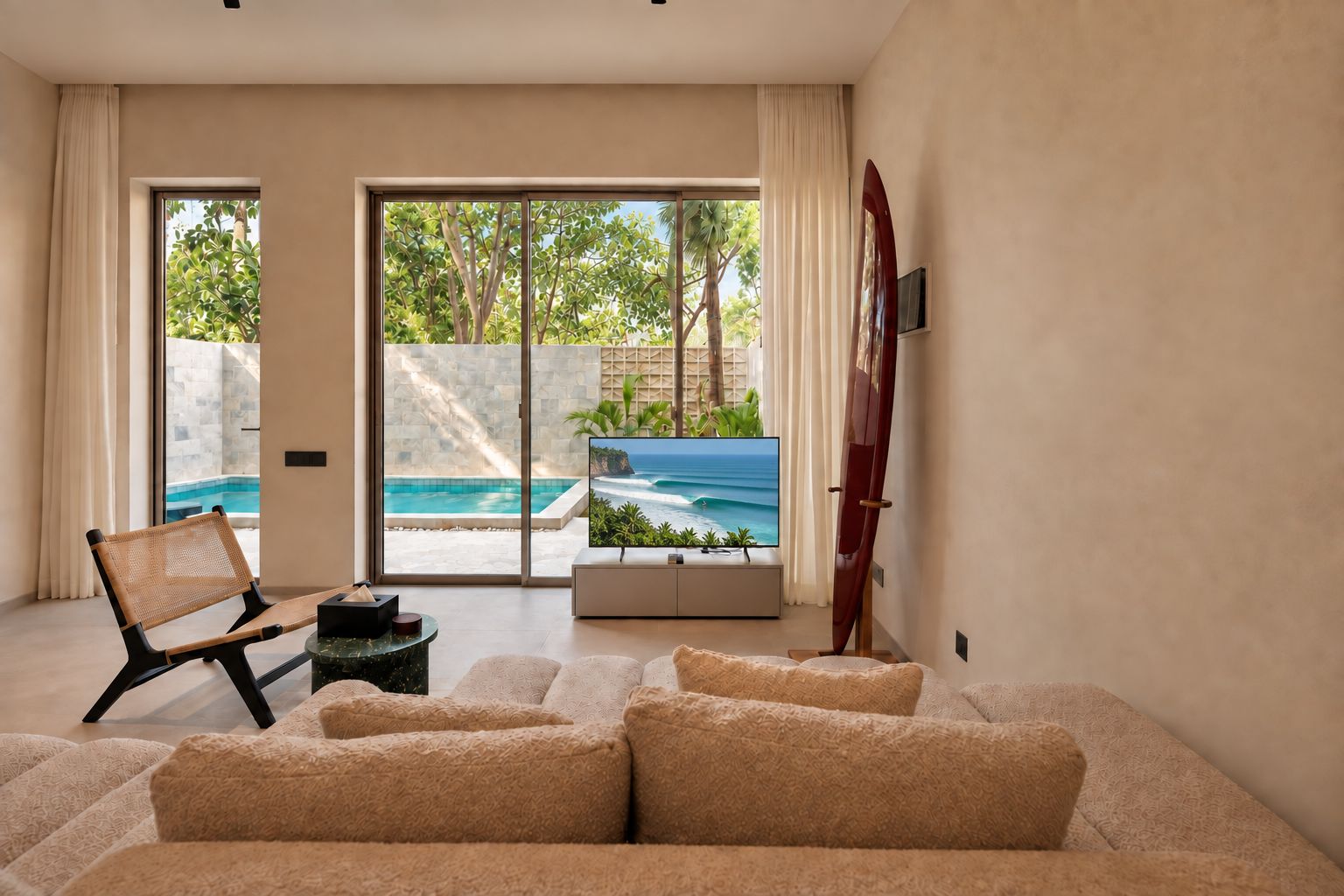 A living room with a sofa, a chair, a coffee table, and a TV displaying a beach scene.