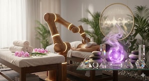 Un cuarto de spa con una camilla de masaje, una camilla de madera, una mesa de vidrio con cristales y un espejo con código binario.