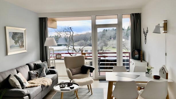 A living room with a sofa, armchair, dining table, and chairs, a lamp, a framed picture, and a view of a snowy landscape through large windows.
