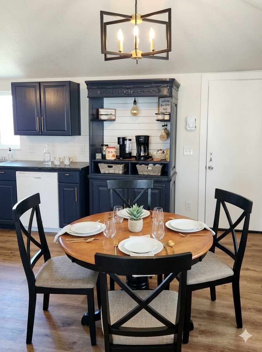 A dining area with a round table set for four, dark blue cabinetry, and a pendant light above.