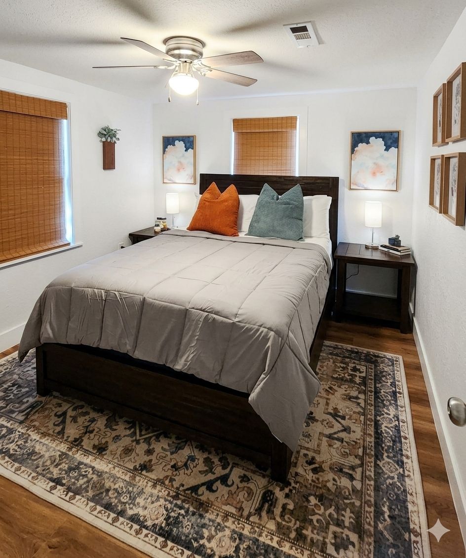 A bedroom with a bed, a nightstand, a ceiling fan, a window with blinds, and a rug.