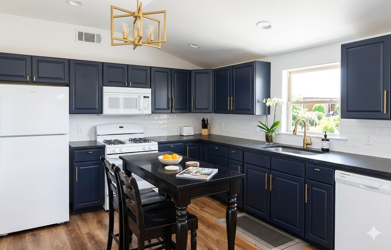 A modern kitchen with dark cabinetry, white appliances, and a dining area with a table and chairs.
