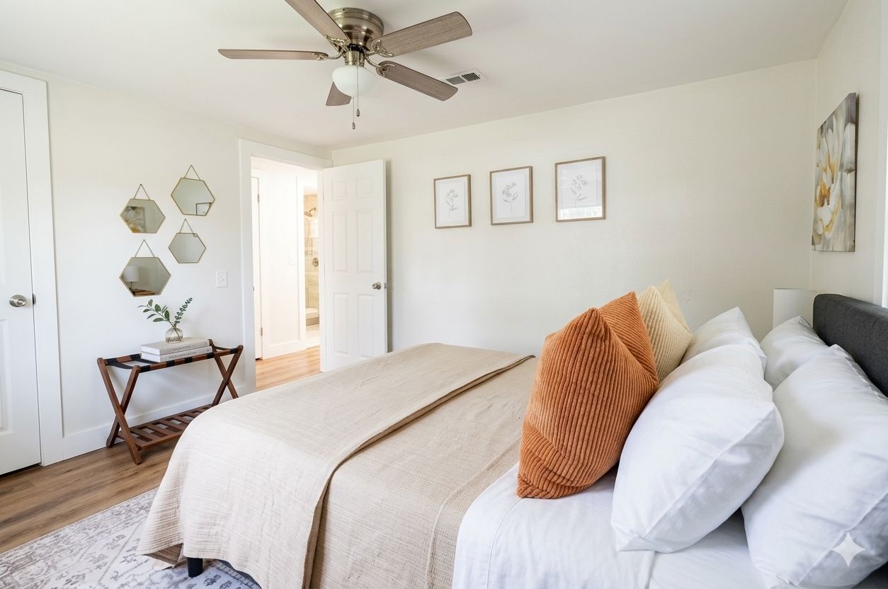 A bedroom with a bed, a ceiling fan, a door, and a wall with framed pictures.