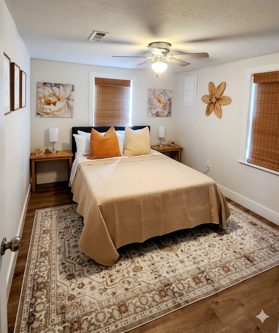 A bedroom with a bed, nightstands, a ceiling fan, and a patterned rug.