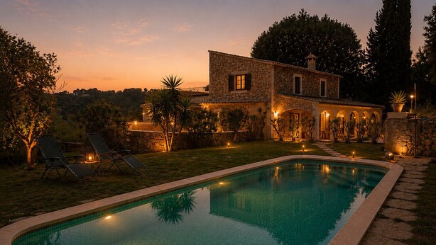 A swimming pool with a stone border, lounge chairs, and a stone building with arched windows. - NEW Charming country estate with swimming pool in the middle of nature (Selva)