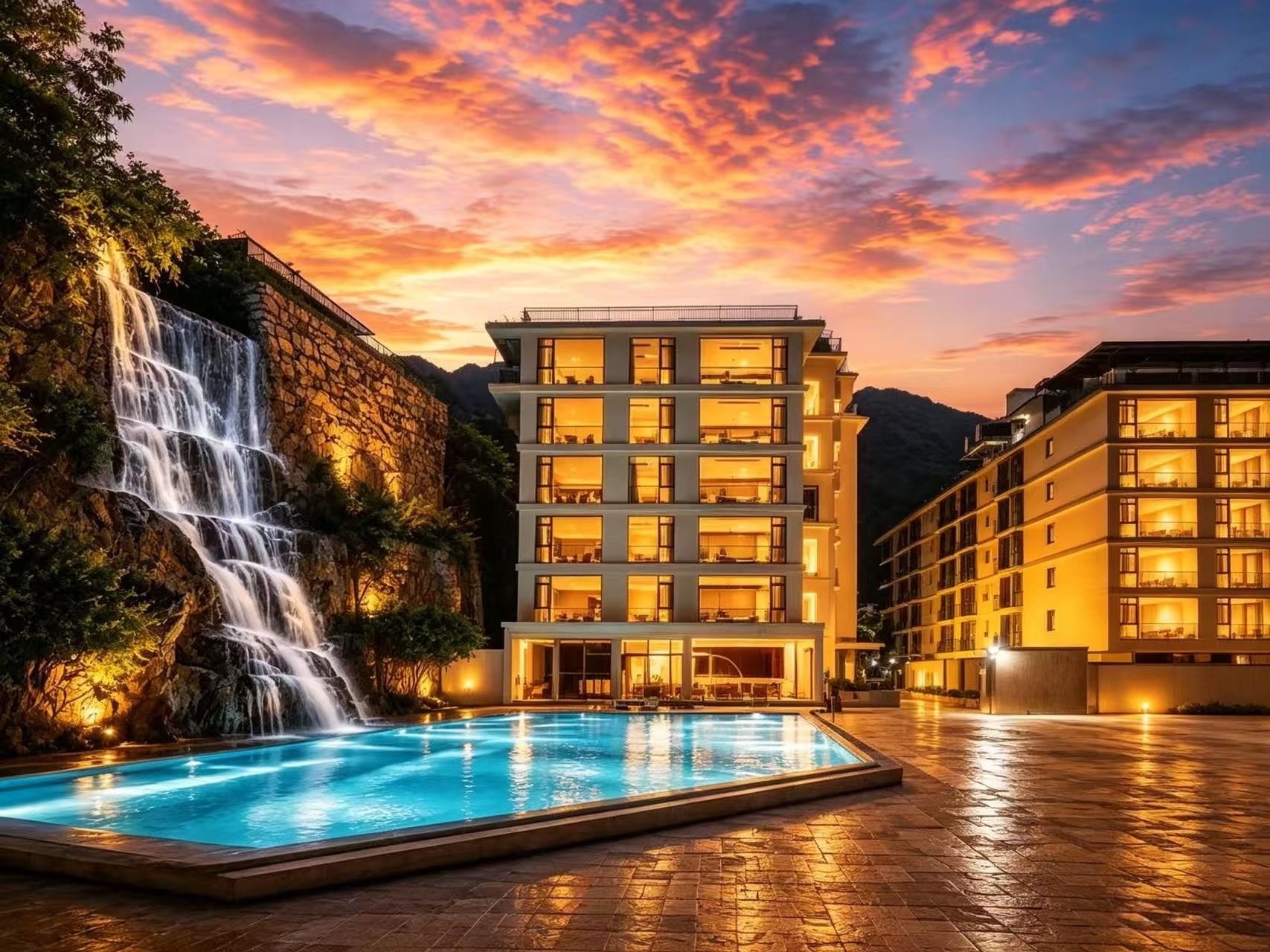 A hotel with a pool, a waterfall, and a sunset view.