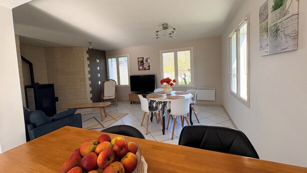A living room with a TV, a fireplace, a dining area with a table and chairs, and a kitchen area with a stove.