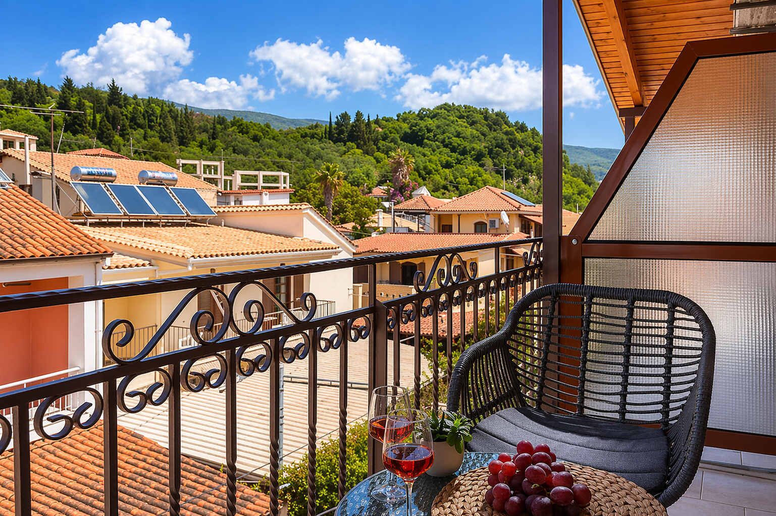 Spacious balcony with stylish mountain views and comfortable seating. A perfect place to relax, sip a drink, and enjoy the peaceful surroundings