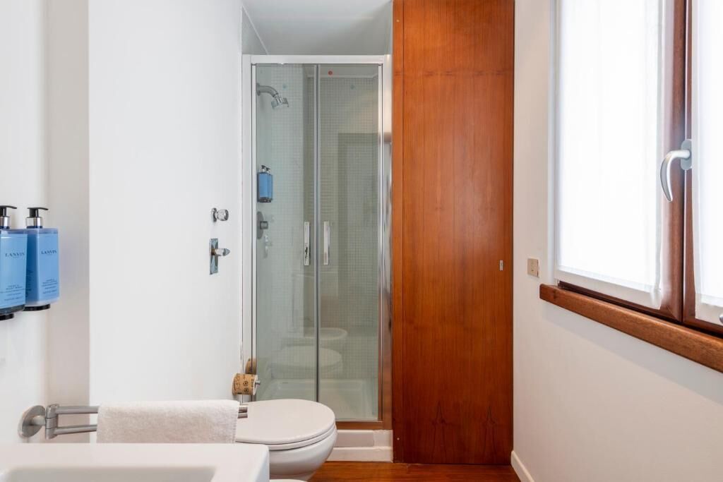 A bathroom with a toilet, a shower, and a glass-enclosed shower stall.