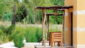 Un espacio al aire libre con un banco de madera y una mesa, rodeado de follaje y una fuente de agua.