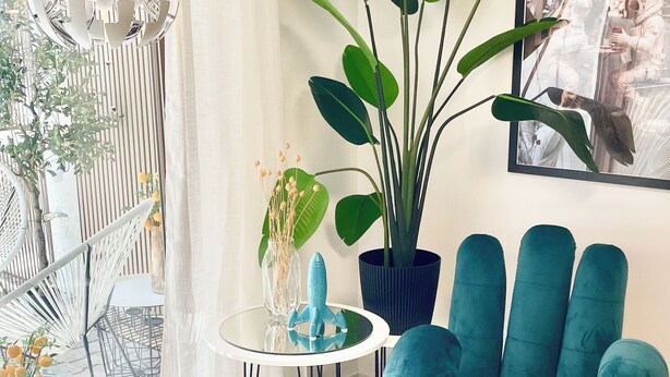 A modern living room with a blue armchair, a large potted plant, a glass table with a sculpture, and a hanging light fixture. - Cozy apartment near Lake Constance - ideal for couples (Friedrichshafen)