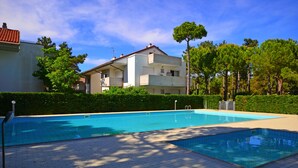 Une piscine rectangulaire entourée d’une haie, avec une terrasse carrelée et un immeuble à plusieurs étages en arrière-plan.
