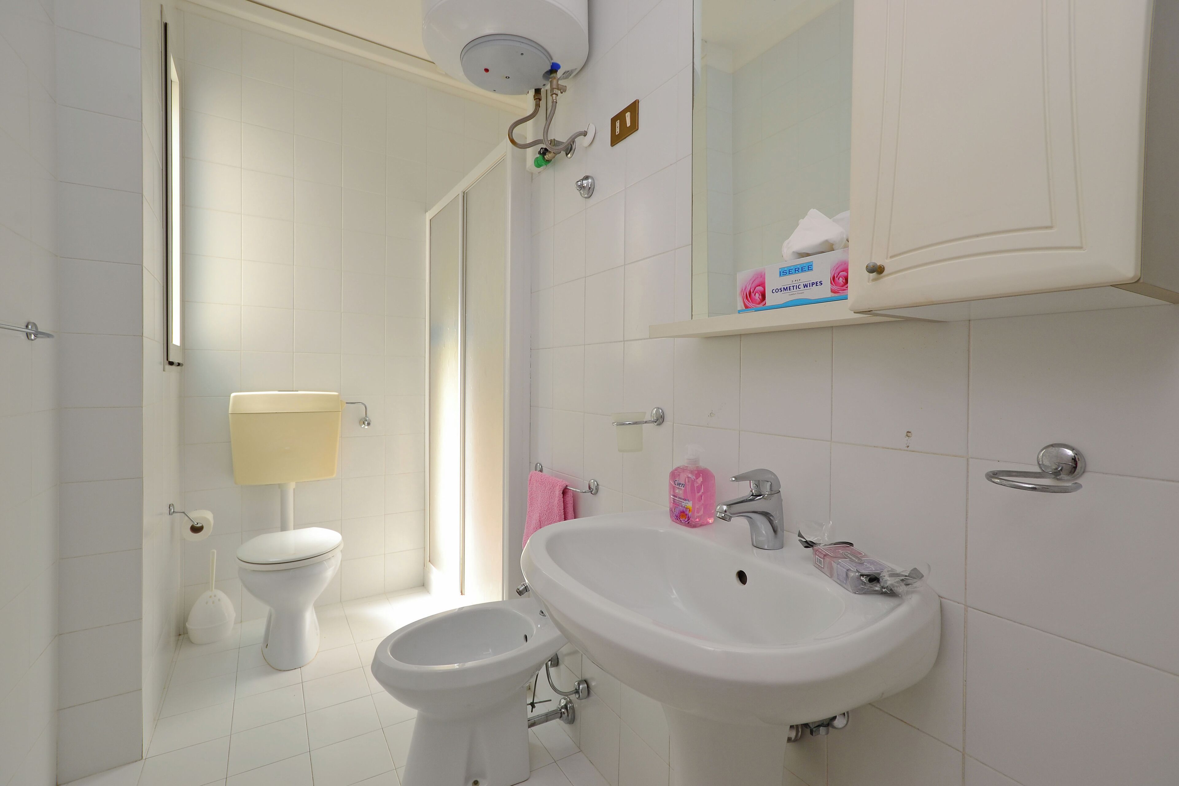 Ein Badezimmer mit Toilette, Bidet, Waschbecken, Spiegel und einer Taschentuchbox auf dem Regal.
