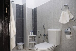 Hair dryer, towels, soap, toilet paper