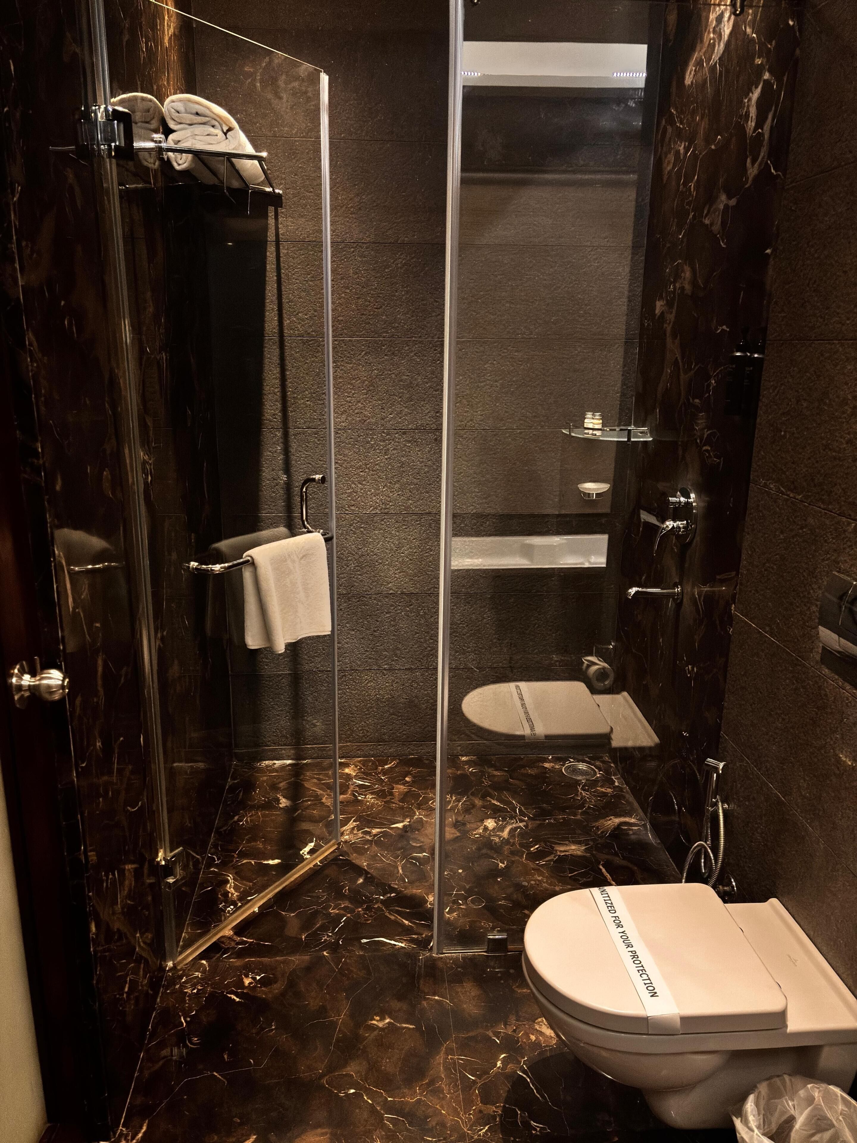 A modern bathroom with a glass-enclosed shower, a toilet, and a sink.