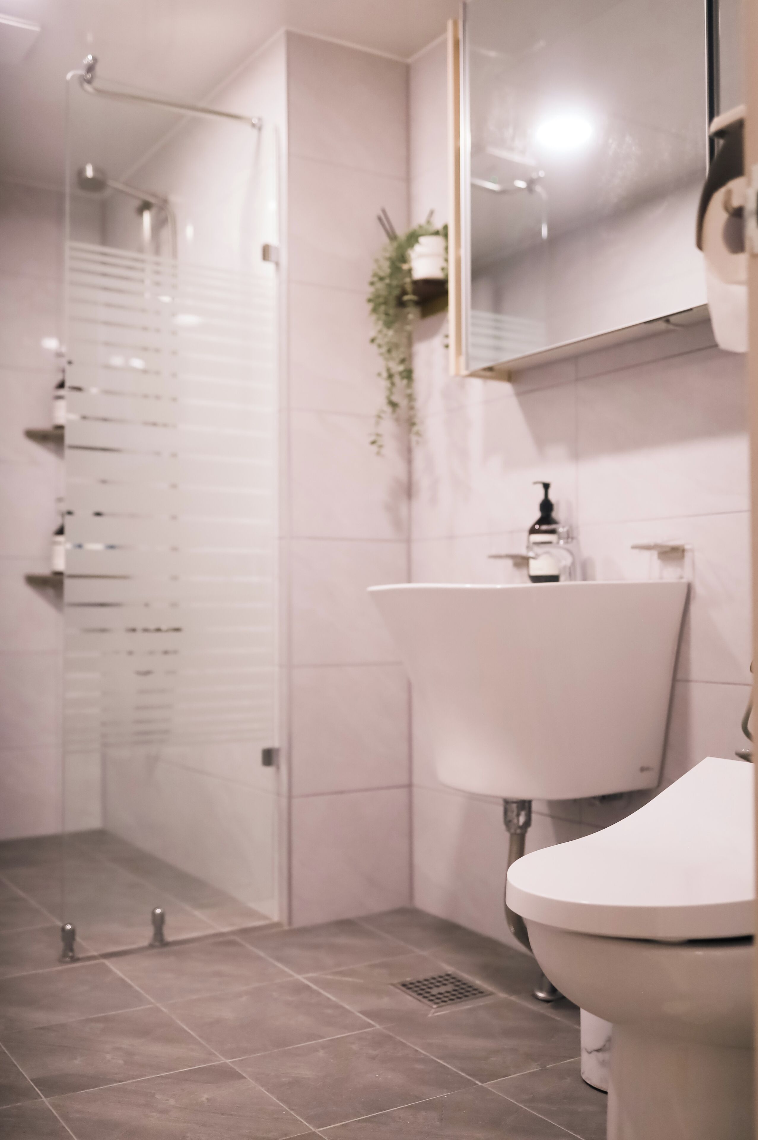 Une salle de bain avec une douche, un lavabo et des toilettes.