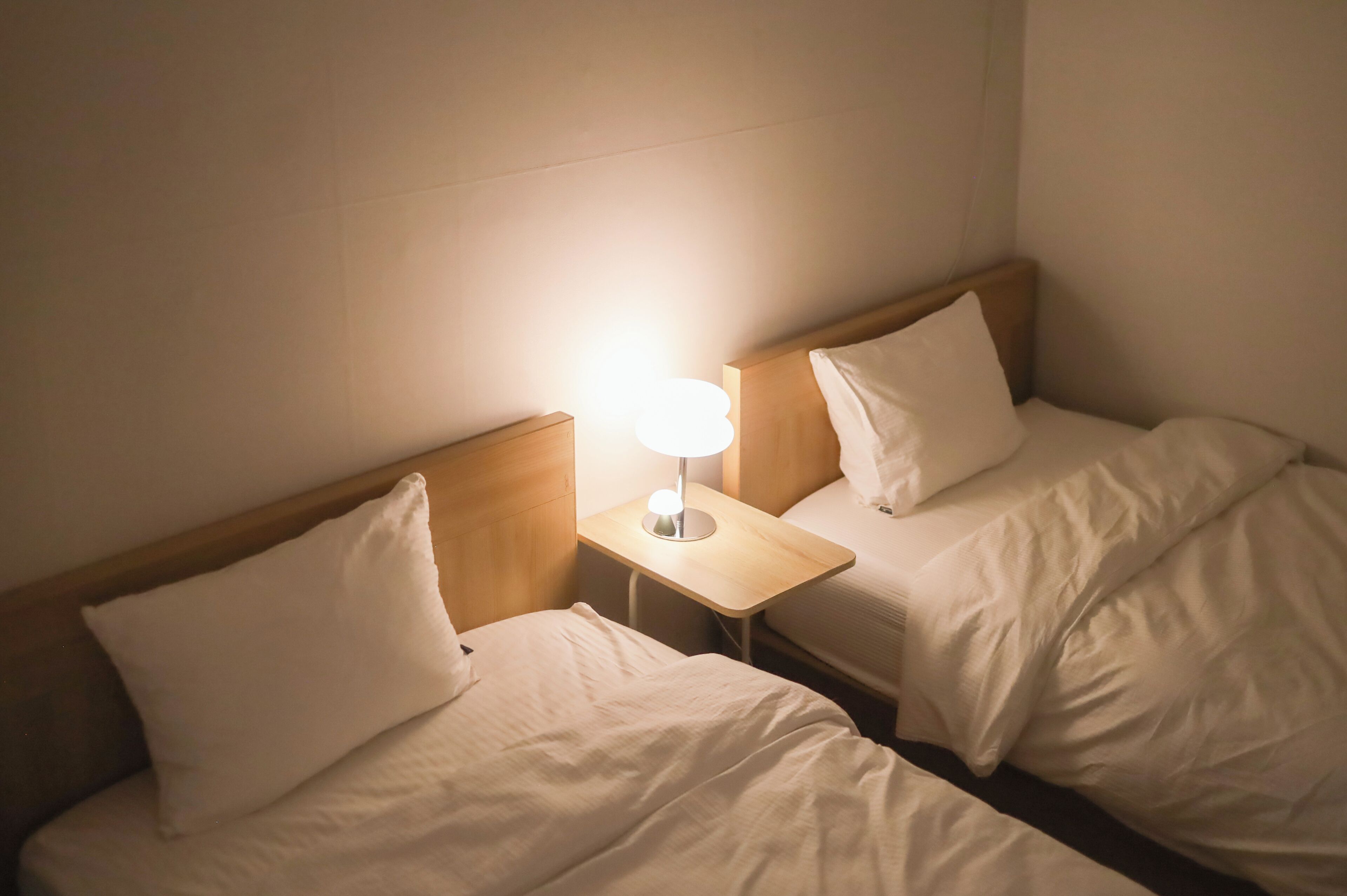 Habitación de hotel con dos camas, una mesita de noche con lámpara y cabecero de madera.
