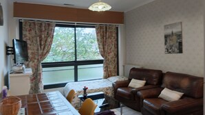 A living room with a brown leather sofa, a dining table with chairs, a television on a stand, and a window with curtains. - The Trumpets of Jericho (Tartas)