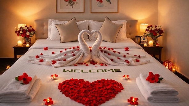 A bed with a heart-shaped arrangement of red flowers and a swan-shaped towel design, with 'WELCOME' written on the bedspread.
