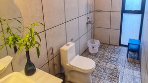 A bathroom with a toilet, bidet, sink, and a potted plant. - Amram (Shoolagiri)