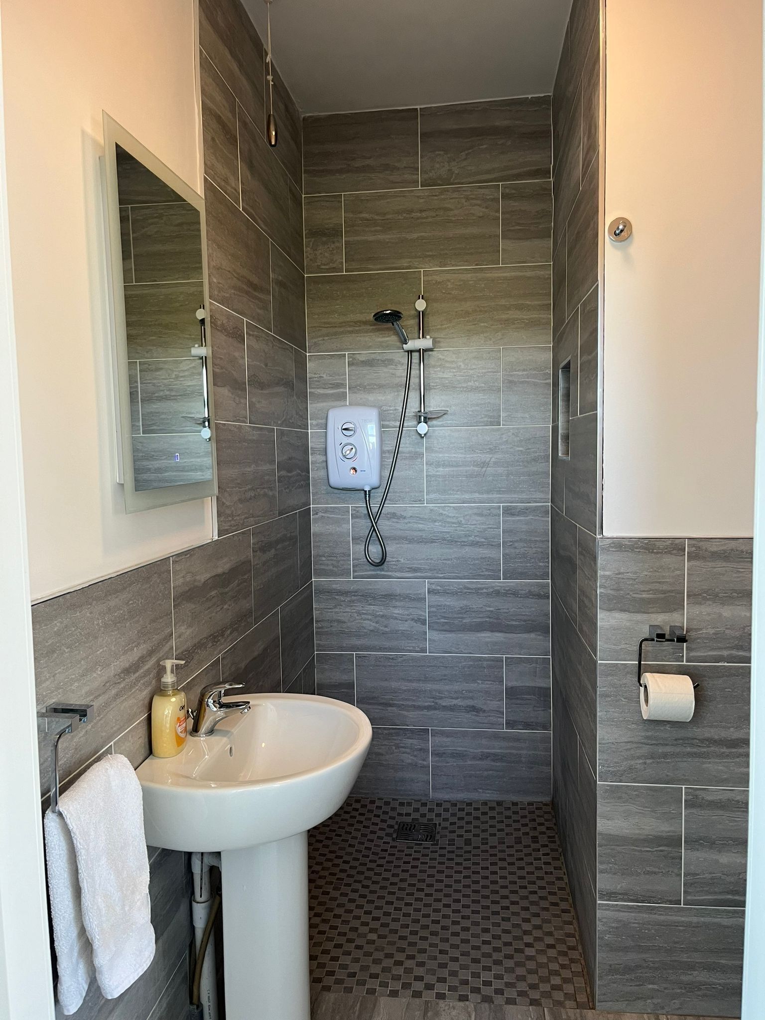 Un baño con lavamanos blanco, ducha de mano, toallero y soporte para papel higiénico.
