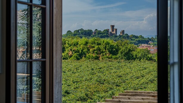 Vista a través de una ventana de un paisaje verde exuberante con una construcción que recuerda a un castillo a lo lejos.