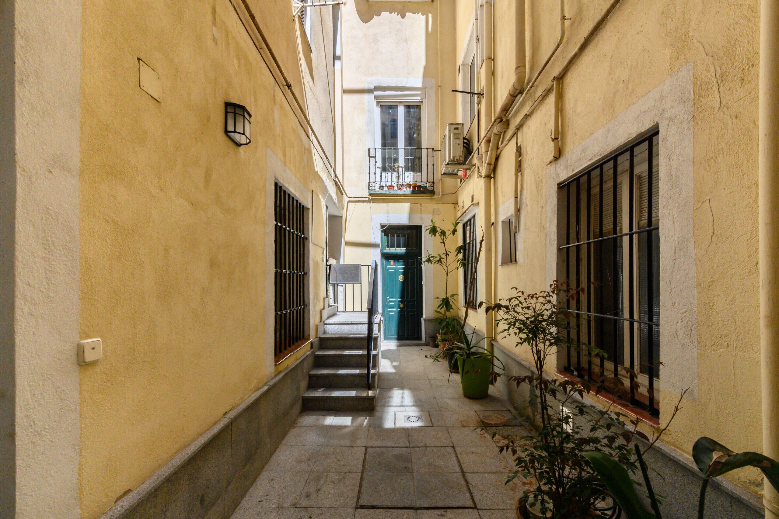 A narrow alleyway with a staircase leading to a building entrance, potted plants, and a visible door.
